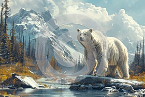 A polar bear confidently stands on a rock in its natural habitat