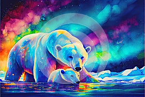 Polar bear and cub bears rainbow Aurora Borealis Northern lights