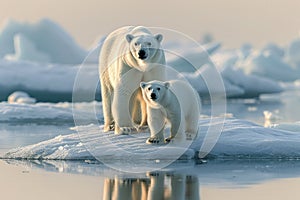 Polar bear and cub on a drifting ice floe, Arctic