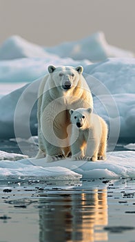 Polar bear and cub on a drifting ice floe, Arctic