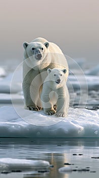 Polar bear and cub on a drifting ice floe, Arctic