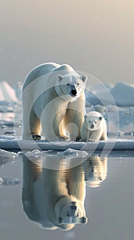 Polar bear and cub on a drifting ice floe, Arctic