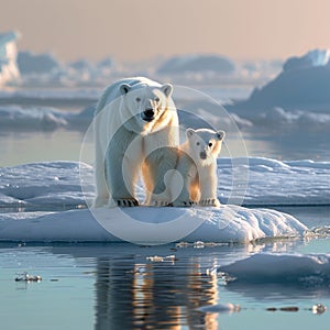 Polar bear and cub on a drifting ice floe, Arctic