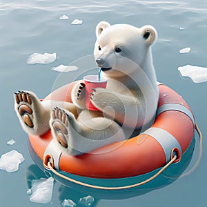 Polar Bear Cub Floating On Orange Lifebuoy