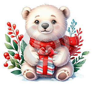 Polar bear cub with giftn its paws. Cute cartoon animal