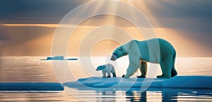Polar bear and cub on an ice floe in the middle of the ocean in the sunset light. Melting iceberg and global warming