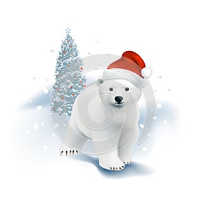 Polar bear cub with Santa hat and Christmas tree.