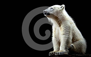 A polar bear cub stands in profile against a stark black background, its posture reflecting solitude and a silent plea