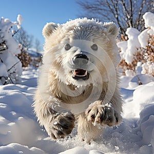 Polar bear cub (Ursus maritimus) running through the snow in a winter forest.
