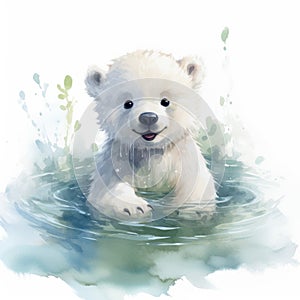 Polar bear cub on white background. Watercolor cartoon illustration