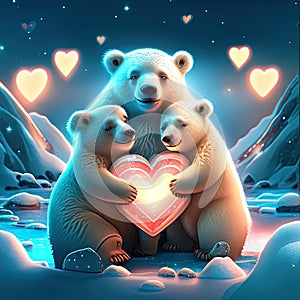 Polar Bear Cubs hugging heart Two polar bears with a heart in the winter forest. Vector illustration. generative AI animal