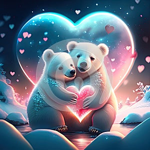 Polar Bear Cubs hugging heart Two polar bears holding a heart in the winter forest. 3d rendering generative AI animal ai