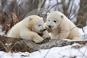 polar bear cubs roll in the snow, wrestling and tussling