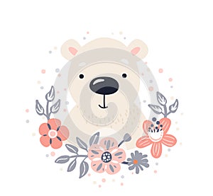 Polar bear cute animal baby face with flowers and leaves elements vector illustration. Hand drawn style nursery