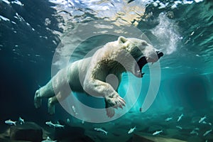 polar bear diving into freezing water after fish