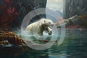polar bear diving into icy water for a hunt