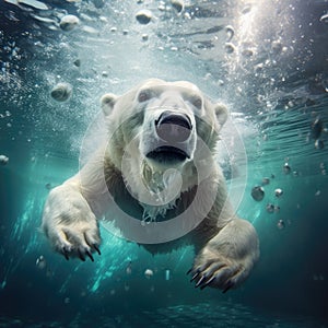 Polar bear diving underwater. Fisheye view