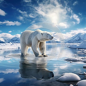 Polar bear on drift ice edge with snow and water in Norway sea. White animal in the nature habitat Europe