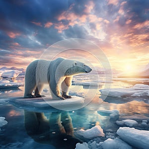 Polar bear on drift ice edge with snow and water in Norway sea. White animal in the nature habitat Europe