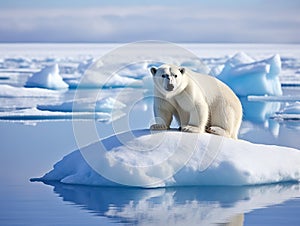 Polar bear on drift ice edge with snow and water in sea. White animal in the nature habitat north Europe Svalbard