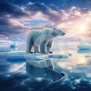 Polar bear on drift ice edge with snow and water in sea. White animal in the nature habitat north Europe Svalbard Norway