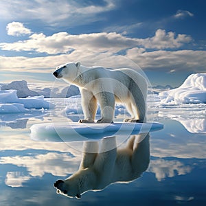 Polar bear on drift ice edge with snow and water in Svalbard sea. White big animal in the nature habitat Europe