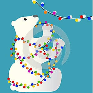 Polar bear entangled in christmas light bulbs