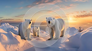 Polar bear family in Canadian Arctic sunset. Generative Ai