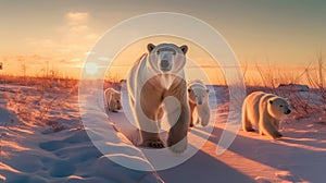 Polar bear family in Canadian Arctic sunset. Generative Ai