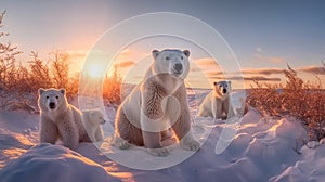 Polar bear family in Canadian Arctic sunset. Generative Ai