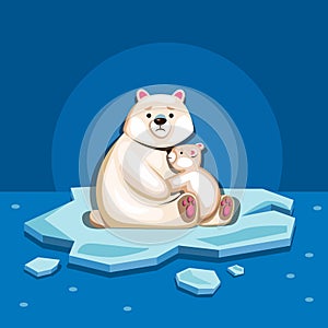 Polar bear family on ice shrink to arctic sea. stop global warming illustration concept in cartoon vector