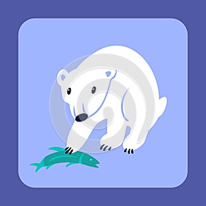 Polar bear with fish in its paw. Stylized drawing in flat style. Vector hand drawn illustration.