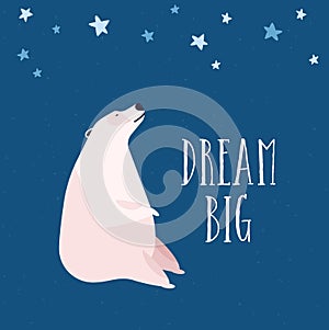 Polar bear flat vector illustration. Reverie and dreaminess, stargazing concept. Arctic wild animal looking at night photo