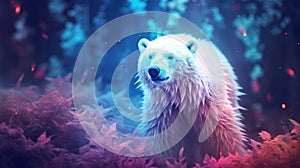 Polar bear in the forest with blue and pink lights, AI