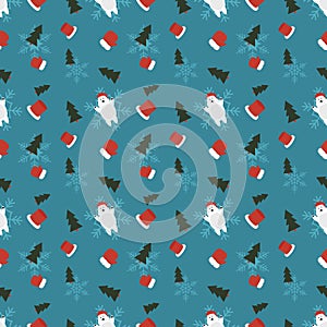Polar bear, gloves, Christmas tree, snow flakes on light color background, Hand drawn vector repeat pattern for Banner, wallpaper