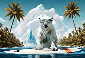 a polar bear with goggles on and a surfboard in the water