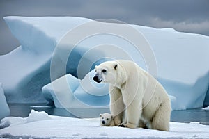 Polar bear with her child on melting ice. Concept of global warming of the planet.