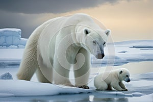 Polar bear with her child on melting ice. Concept of global warming of the planet.