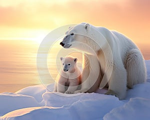polar bear with her small Cub on the snow.