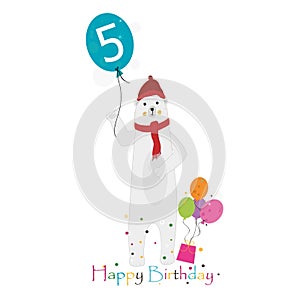 Polar bear holding balloon. Five. Fifth. Happy birthday greeting card