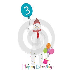 Polar bear holding balloon. Three. Third. Happy birthday greeting card