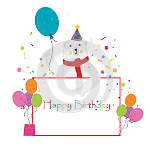 Polar bear holding colorful balloon. Happy birthday greeting card