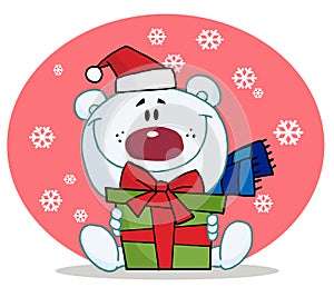 Polar bear holding a gift