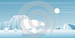 Polar bear in ice arctic landscape, north winter scene, wild animals in cold climate