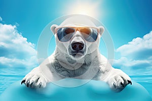 Polar bear or ice bear with sunglasses holding on to melting ice floe due to global warming climate change