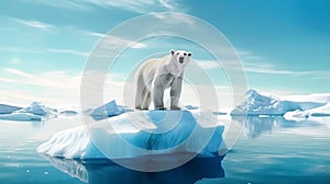 Polar bear on ice floe. Melting iceberg and global warming. Climate change, melting of glaciers and Arctic ice, the consequences