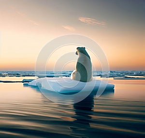 Polar bear on ice floe. Melting iceberg and global warming