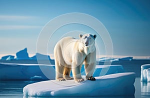 A polar bear on an ice floe in the middle of the ocean. A melting iceberg and global warming. Climate change