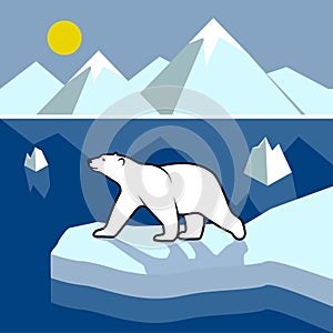 Polar bear on an ice floe, polar landscape.