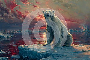 Polar bear on ice, water below, natural landscape painting